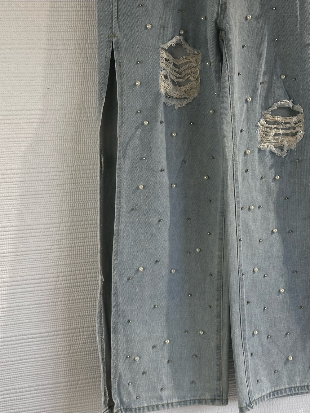 Y2K Pearl Studded Wide Leg Jeans Light Wash Distressed Split Hem Denim Pants - Picture 4 of 16